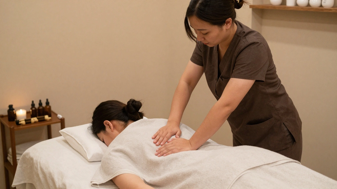 A calming massage session in a serene wellness center with soft lighting and professional therapist.