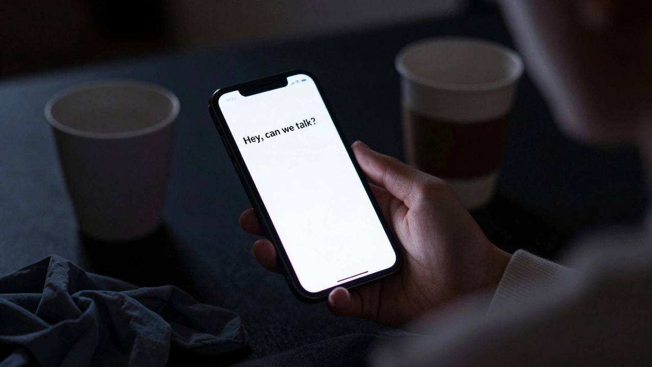 A phone screen glowing in the dark, showing a simple text message: &#039;Hey, can we talk?&#039;