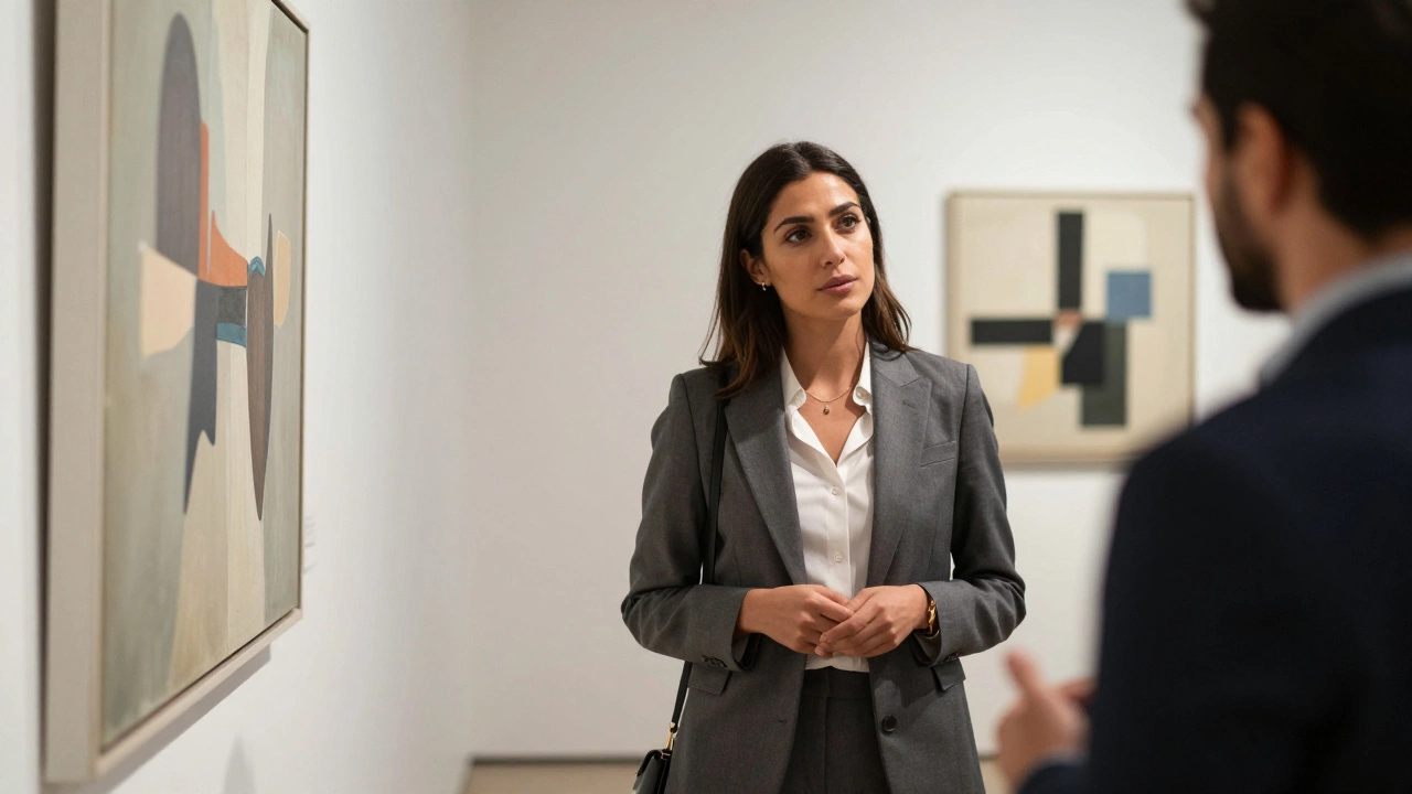 A professional woman discussing art with a client in a modern Dubai gallery, exuding calm and attentiveness.