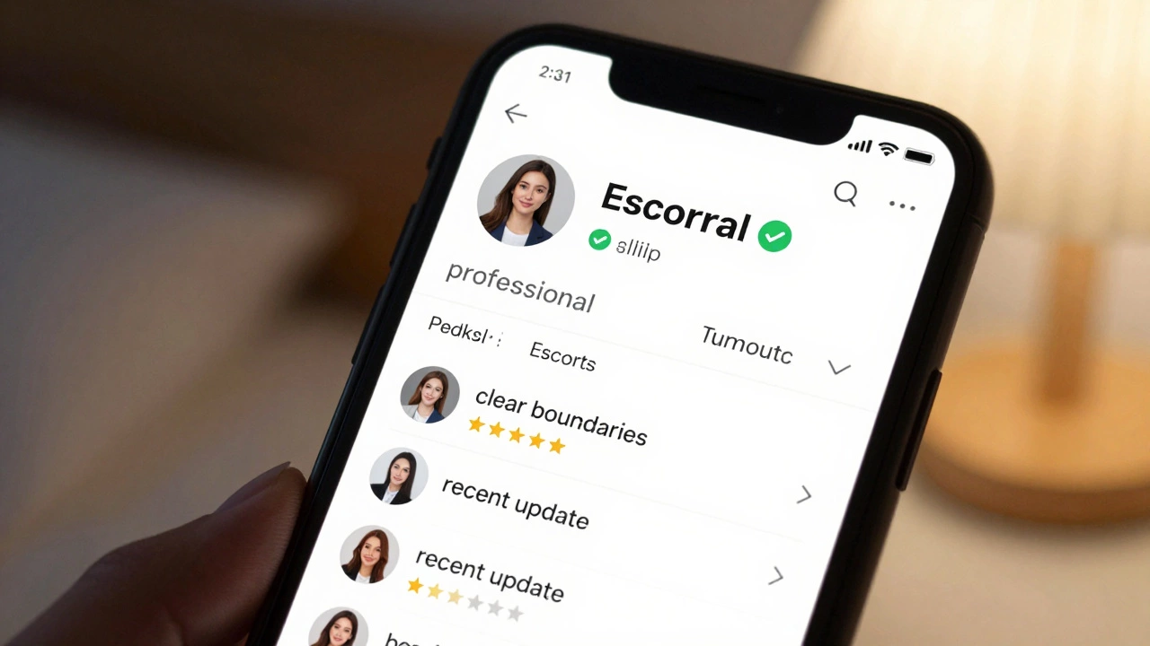 A smartphone showing a verified escort profile with professional reviews and clear communication.