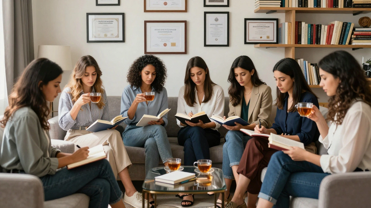 Three women in a sunlit Dubai apartment, engaged in quiet personal activities, surrounded by books and certificates.